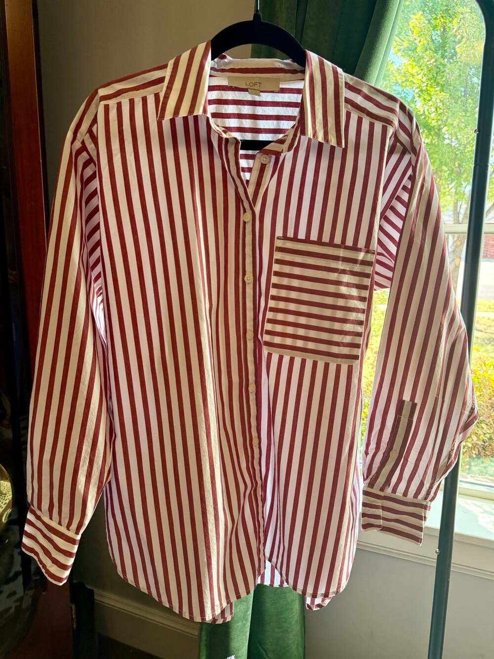 LOFT Striped Button Down Shirt Size S Red White Pocket Long Sleeve